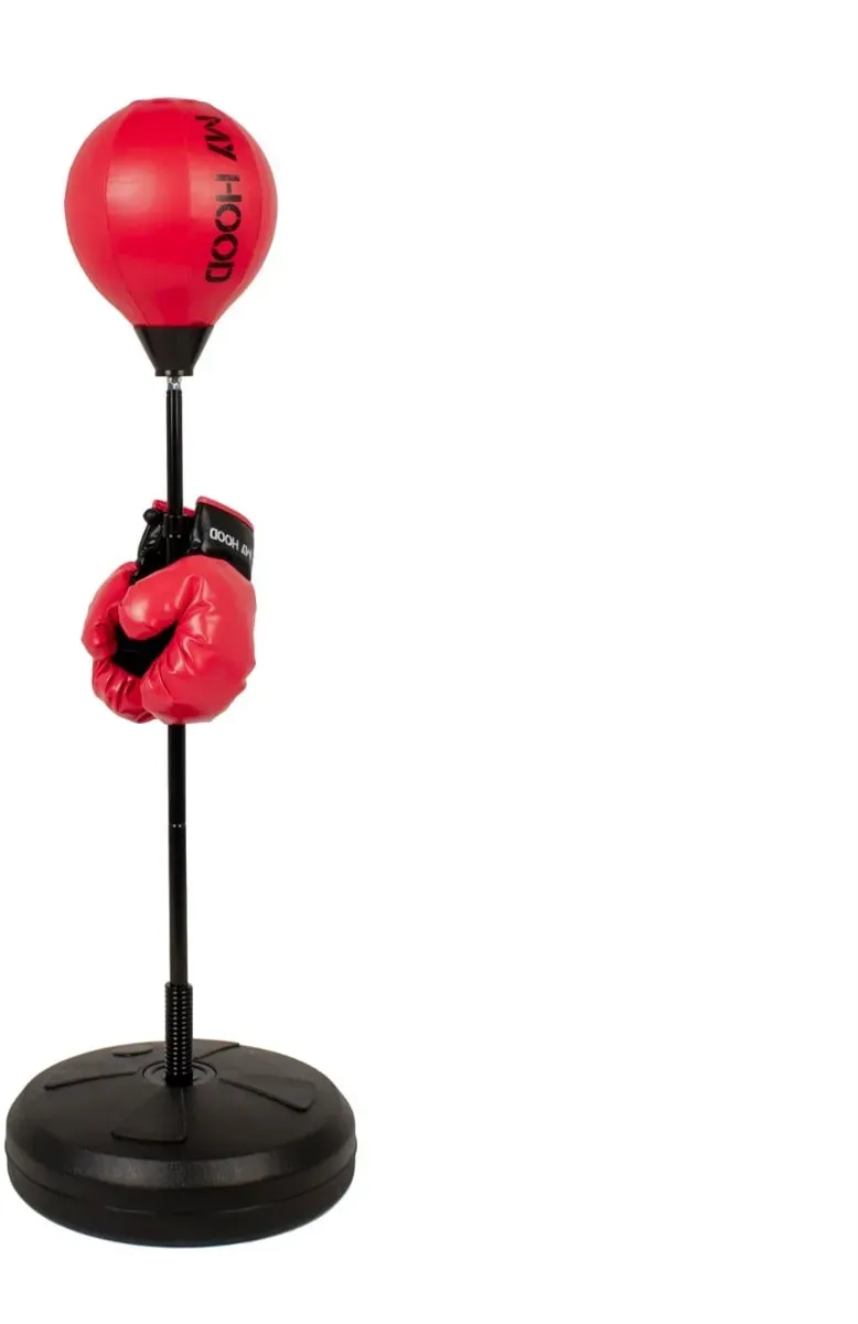 Boxsack mit Standfuß für Kinder höhenverstellbar 126–146 cm rot/schwarz/weiß Kunststoff - My Hood Boxball - inkl. Handschuhe, Pumpe