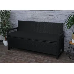 Mendler Poly-Rattan 3er Sitzbank HWC-F39, Gartenbank Truhenbank, Staufach Aufbewahrung Sitzkissen ~ anthrazit, Kissen schwarz