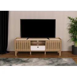 Mendler TV-Rack HWC-M48, Lowboard TV-Schrank, Schiebetür 56x150x40cm ~ natur, Schublade weiß