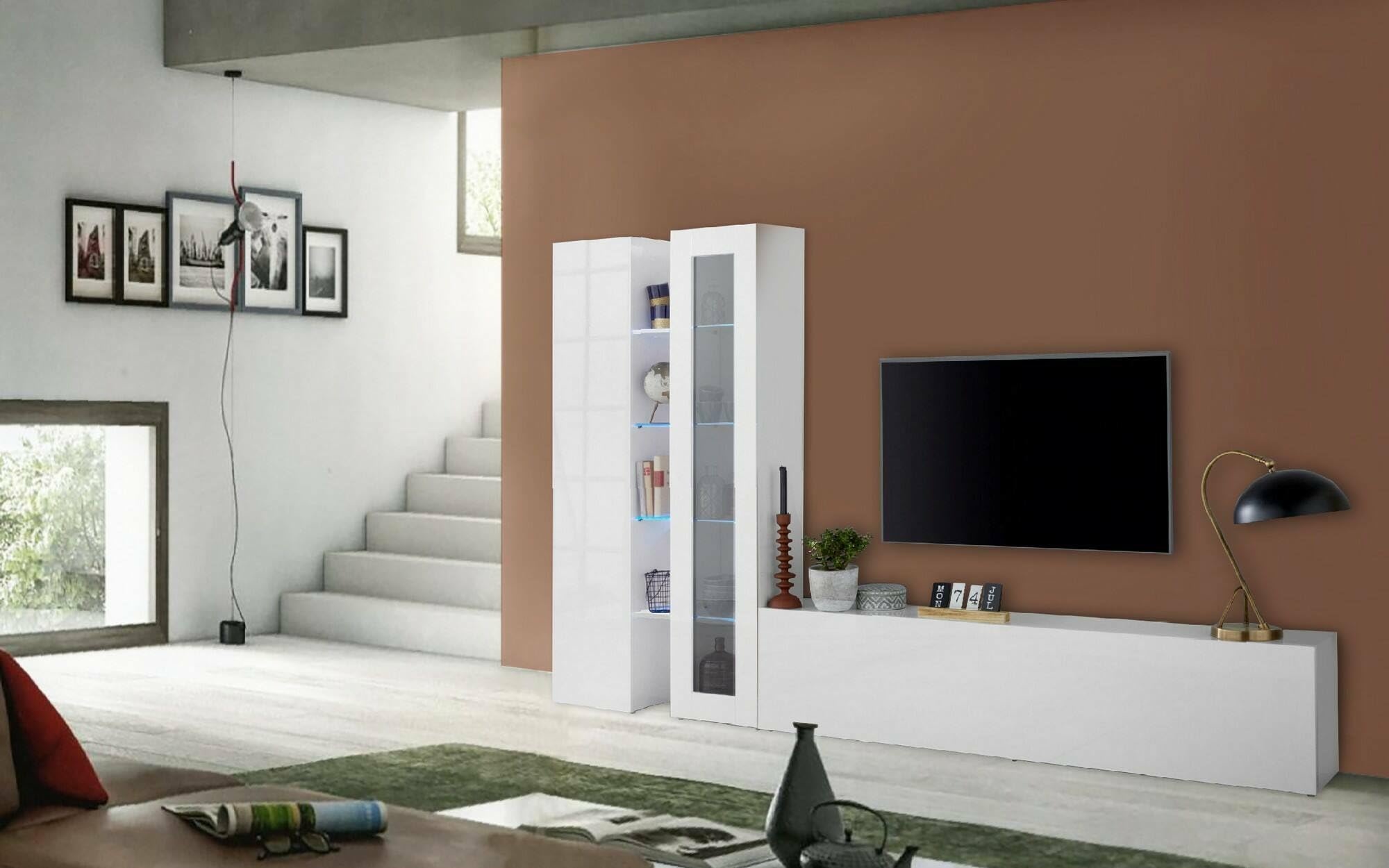 Dmora Dimitri Wohnwand mit 3 Türen, Mehrzweck-Wohnzimmermöbel mit Vitrine und LED-Licht, 100% Made in Italy, 280 x 30 x 180 cm, Holzwerkstoff, glänzend weiß