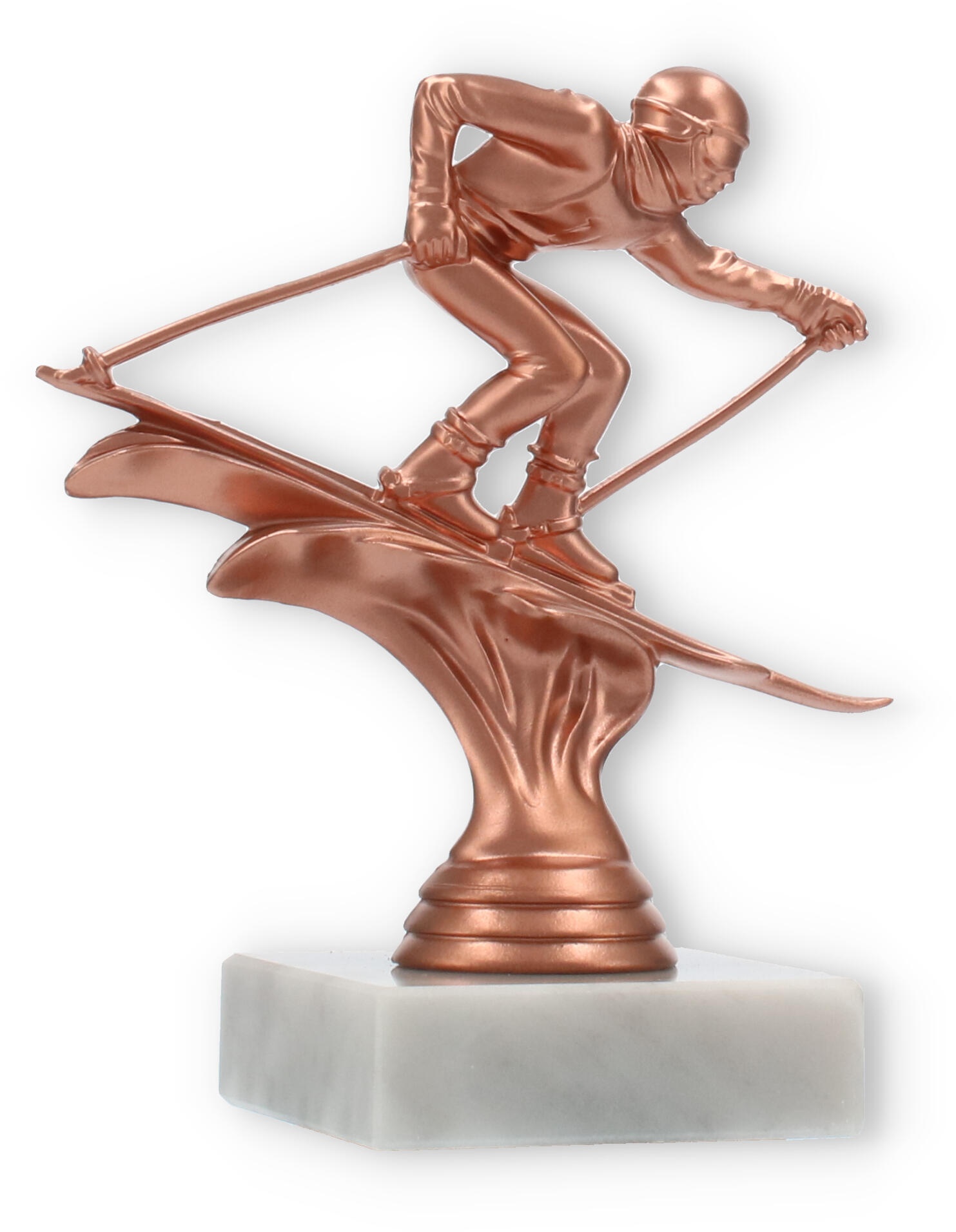 Pokal Kunststofffigur Ski Abfahrt bronze auf weißem Marmorsockel 13,6cm