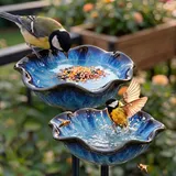 Vogeltränke Blume & Bienentränke Keramik Gartenstecker – Insektentränke Garten für Wasser & Vogelfutter, Dekorative Keramikblüten für Bienen & Vögel (1, Blau)