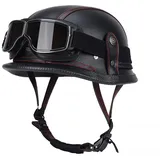 Labzaa Retro Deutsche Lederhelm Halbschalenhelm mit ECE, Jethelm Retro,Vintage Motorradhelm mit Brille für Cruiser Chopper Biker Moped B M