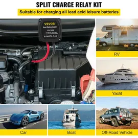 Vevor Doppelbatterie Trennrelais 12 V Split Charge Kit, 140 A spannungsempfindliches Relais Set -30-105 °C, automatisches Ladegerät & Kabel Set für Lastwagen, Wohnmobil, Werkstatt, Auto & Schiff