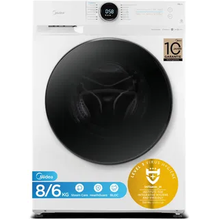 Midea MF200D86WB-14EAS Waschtrokner, 8/6kg Waschen/Trocknen, Inverter Mortor, 60 Min. Waschen und Trocknen, Steam Care, Turbo Wash, 48 cm tief, APP-Steuerung, AquaStop