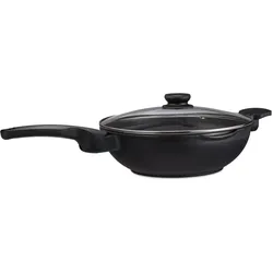 Relaxdays Wok Pfanne mit Glasdeckel 30 cm, Griffe, Antihaftbeschichtung, für Induktion, Gas-, Elektroherd, 4 l, schwarz