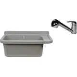 Waschbecken Ausgussbecken mit Armatur 59 cm x 34 cm x 21 cm Spülbecken Waschtrog mit Überlauf Waschbecken für Gewerbe Waschraum Garten inkl. Ablaufgranitur