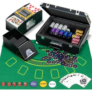 Costway Pokerset Komplett Set abschließbar, Aluminium Kasino Poker 300 Chips, Pokerkoffer mit 2 Kartendeck, 5 Würfel, Kartenmischer & Kartengeber, Dealer Button, Matte (300 pcs)