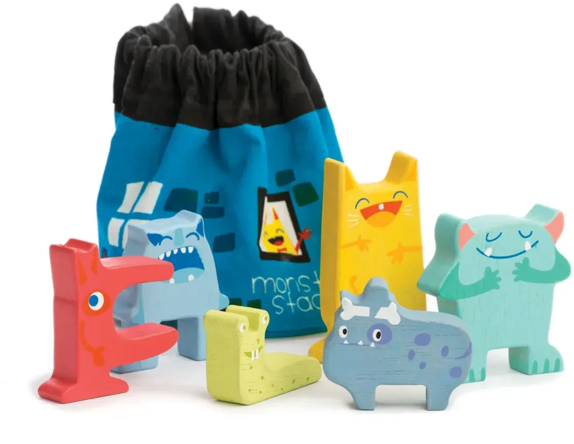 Holzstapelspiel ffcr Kinder 6-teilig mehrfarbig FSC-Holz - Tender Leaf Stapelspiel Monster - inklusive Tasche, ff6rdert Feinmotorik