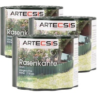 ARTECSIS 3X Rasenkante aus Kunststoff, 9 m x 10cm, Grün, gewellt, Umrandung für Beete, Beeteinfassung, Rasenbegrenzung