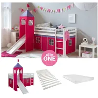 Homestyle4u Hochbett 90x200 mit Vorhang Lattenrost Matratze Rutsche Turm in Weiß 2583