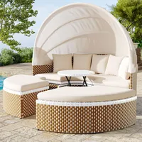 Garten-Lounge-Sessel-Set, Sonneninsel, Rattan-Gartentisch und Stühle-Set, Muschel-Garten-Lounge-Sessel-Bett, ausziehbares Baldachin, anhebbare Tischplatte,mit Kissen Sitzkissen (Beige, 170*170*142CM)