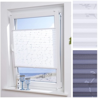 ourdeco® Plissee mit Wunschmaß/bedrucktes Blumenmotiv Ranke/lichtdurchlässig, Blickdicht, Farbe Weiß Ranke / 061-065 cm breit/Höhe 130 cm/Klemmen=Montage ohne Bohren/Maßanfertigung