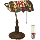 Uziqueif Retro Tiffany Style Tischlampe/Bankerlampe - E27 Schreibtischlampe mit Zugkettenschalter und 1 Leuchtmittel, Legierungsbasis - für Büro,Hause,Wohnzimmer,Schlafzimmer,Esszimmer,Dragonfly