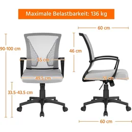 Yaheetech Bürostuhl Schreibtischstuhl Drehstuhl Chefsessel höhenverstellbar Ergonomisches Design Grau