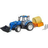 Bruder 02187 New Holland T5.120 mit Frontlader, Ladekasten, Gabeln + 1 Rundbal
