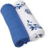 Grünspecht Naturprodukte GRÜNSPECHT Bio-Mullwindeln 70x70cm aus 100% Baumwolle (kbA), Spucktücher, ohne optische Aufheller, hautfreundlich & saugstark, 2 Stück, blau und Meerestiere (690-V2)
