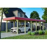 SKANHOLZ Spreewald Walmdach Carport aus Nadelholz 3,45 x 8,93 m rote Blende unbehandelt
