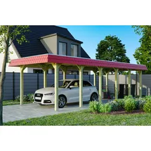 SKANHOLZ Spreewald Walmdach Carport aus Nadelholz 3,45 x 8,93 m rote Blende unbehandelt