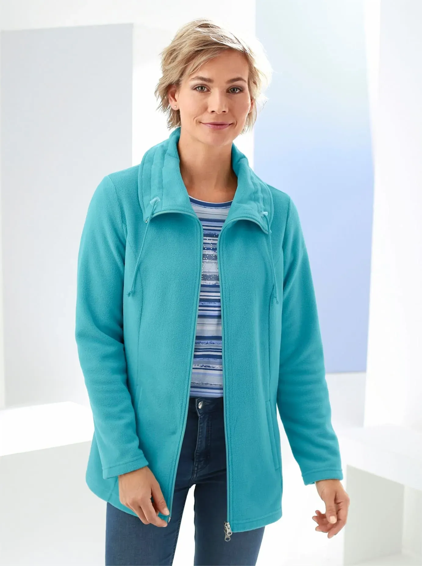 Fleecejacke CLASSIC BASICS, Damen, Gr. 46, blau (aqua), 100% Polyester, unifarben, figurumspielend, Jacken Fleecejacke