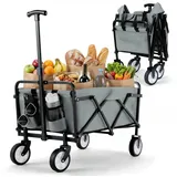 Bollerwagen Faltbar Handwagen All Terrain Räder, Gartenwagen mit Getränkehalter verstellbarem Griff, Transportwagen Klappbar Strandwagen, Gartenkarre, Einkaufswagen, Camping (Grau)
