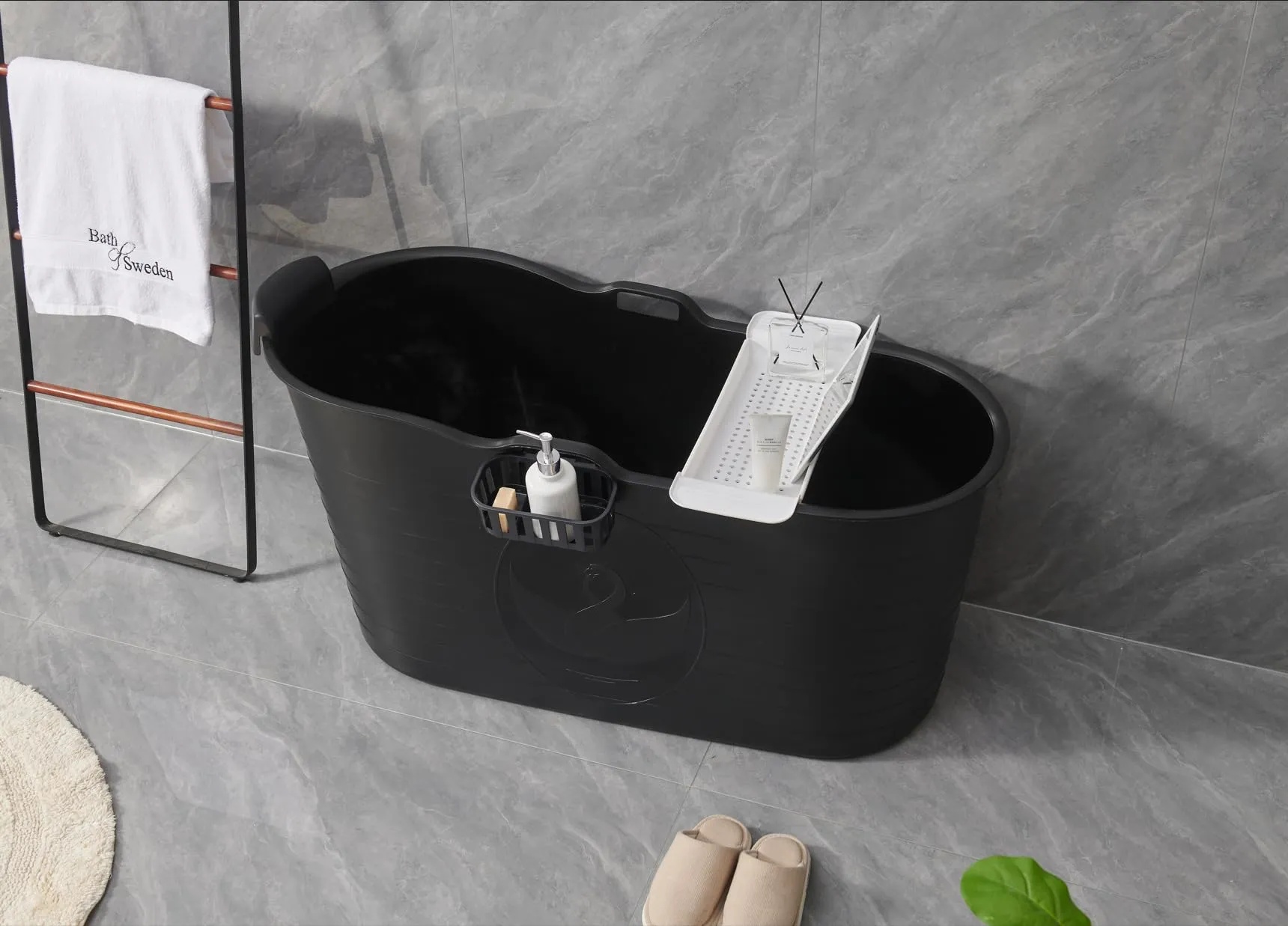 Schwänlein® Mobile Badewanne für Erwachsene XL, Ideal für das kleines Badezimmer, 123 * 55.5 * 63cm, Stylisch und Stimmungsvoll (Schwarz)