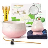 TEANAGOO 7 Stück Matcha Set, Matcha Besen, Matcha Schale mit Ausgießer, Matcha Set Rosa, Matcha Tee Set für die Zubereitung von Milchkaffee, Matcha Schneebesen Set und Schüssel mit löffel & Sieb