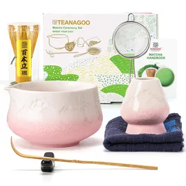 TEANAGOO 7 Stück Matcha Set, Matcha Besen, Matcha Schale mit Ausgießer, Matcha Set Rosa, Matcha Tee Set für die Zubereitung von Milchkaffee, Matcha Schneebesen Set und Schüssel mit löffel & Sieb