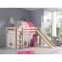 Vipack Hochbett Pino mit Rutsche 90 x 200 cm inkl. Rollrost, Vorhang und Tunnel Kiefer massiv natur princessin