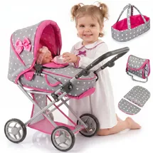 Kinderplay 3-in-1 Puppenwagen mit Tragetasche – Höhenverstellbarer Kinder-Spielwagen 36,5–64 cm – Aluminiumrahmen, leise Schaumräder, klappbar – Für Puppen bis 40 cm – ab 3 Jahren