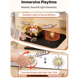 Vevor Spielküche für Kinder, Moderne Kinderküche mit Licht & Sound, Holzküche mit Herd Backofen Spüle Mikrowelle Eisspender & Getränkespender, Küchenspielzeug mit Kochset für Kinder ab 3 Jahren, Beige