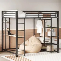 Merax Hochbett aus Metall, 140 x 200 cm, mit Schreibtisch, einfacher Kleiderschrank, und Regal, multifunktionales Hochbett für 1 Platz mit Treppe, Schwarz (ohne Matratze)