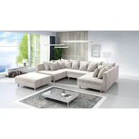 Kuechen-preisbombe Wohnlandschaft Sofa Couch Ecksofa Eckcouch in Cordstoff beige Minsk XXL + Hocker