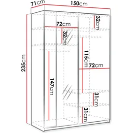 Mirjan24 Kleiderschrank Maxi 2D 150 MX02, Schiebetürenschrank, Frontspiegel 3 mm, Gedämpftem Schließsystem (Farbe: Weiß, ohne Beleuchtung) - Weiß