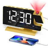 Venchin Projektoruhren für Schlafzimmer: Digitaler Wecker, Nachttisch, Wecker, Schlummerfunktion, 12 Stunden / 24 Stunden, 2 USB-Ladeanschlüsse, 18,5 cm, LED-Spiegel, netzbetrieben, Projektionsuhr