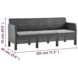vidaXL 3-Sitzer Gartensofa mit Kissen Anthrazit PP Rattan