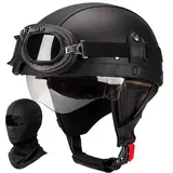 Deutscher Leder Motorrad Halbhelm für Erwachsene Männer Frauen, Vintage Halbschalen-Helm ECE Geprüft Halbschalenhelm mit Schutzbrille Visier, für Fahrrad Cruiser Scooter Chopper