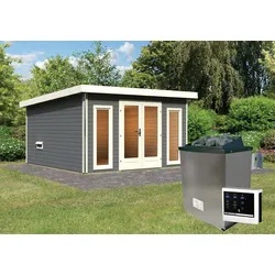Karibu Aktionsangebot (inkl. 100 Euro Zubehör): Holz Gartensauna / Saunahaus "Mainburg 3",naturbelassen,369 x 369 x 229 cm (B x T x H), 3 Bänke