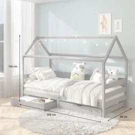 Idimex Hausbett CLIA Montessori aus massiver Kiefer, Kinderbett mit Dach, Tipi Bett mit 2 Schubladen in grau