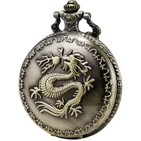 MORFONG Herren Damen Taschenuhr Analog Quarzwerk mit Kette Glücklich Drachen Bronze