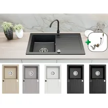 faizee home Granitspüle Küchenspüle mit Siphon und Armatur Gold Spülbecken Einbauspüle 76x44 Weiß - Weiß