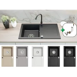 faizee home Granitspüle Küchenspüle mit Siphon und Armatur Gold Spülbecken Einbauspüle 76x44 Weiß - Weiß