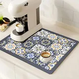 SOQKEEN Extra Große Abtropfmatte 70x50cm – Saugstarke, rutschfeste & Dekorative Unterlage mit Muster für Kaffeemaschine, Geschirr & Küche