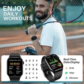 souyie Smartwatch Herren Damen mit Telefonfunktion, 2.04” AMOLED Display, IP68 Wasserdicht Sportuhr, mit Blutdruck, Herzfrequenz, SpO2, Android iOS - Schwarz