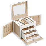 Songmics Schmuckkästchen 4 Ebenen, Schmuckkasten mit Griff, 3 Schubladen, Schmuckschatulle mit Spiegel, Schloss, Schmuckaufbewahrung, Bezug in Wolkenweiß, Innenfutter in Sandbeige JBC159W01