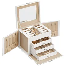 Songmics Schmuckkästchen 4 Ebenen, Schmuckkasten mit Griff, 3 Schubladen, Schmuckschatulle mit Spiegel, Schloss, Schmuckaufbewahrung, Bezug in Wolkenweiß, Innenfutter in Sandbeige JBC159W01