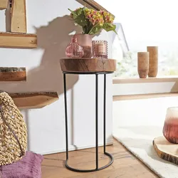 KADIMA DESIGN Beistelltisch AKOLA Massiv-Holz Sheesham Wohnzimmer-Tisch Metallbeine Landhaus-Stil Baumstamm-Form Echt-Holz