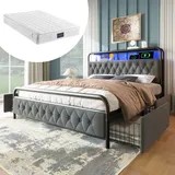 Doppelbett 140×200cm Polsterbett (Mit Matratze) Grau Samt Metallbett Mit aufladen USB Typ C Ladefunktion APP-Kontroll LED und 4 Schubladen - Grau