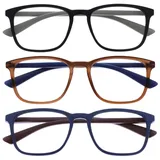 OPULIZE Max Lesebrille 3er Pack - Klassische große rechteckige Fassung - Brillen in mattem Schwarz, Braun und Blau - Herren Damen Unisex - RRR78-123 - +1,00