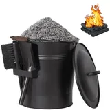 Todeco Ascheeimer Metall 24 L mit Deckel, Schaufel & Bürste Schwarz